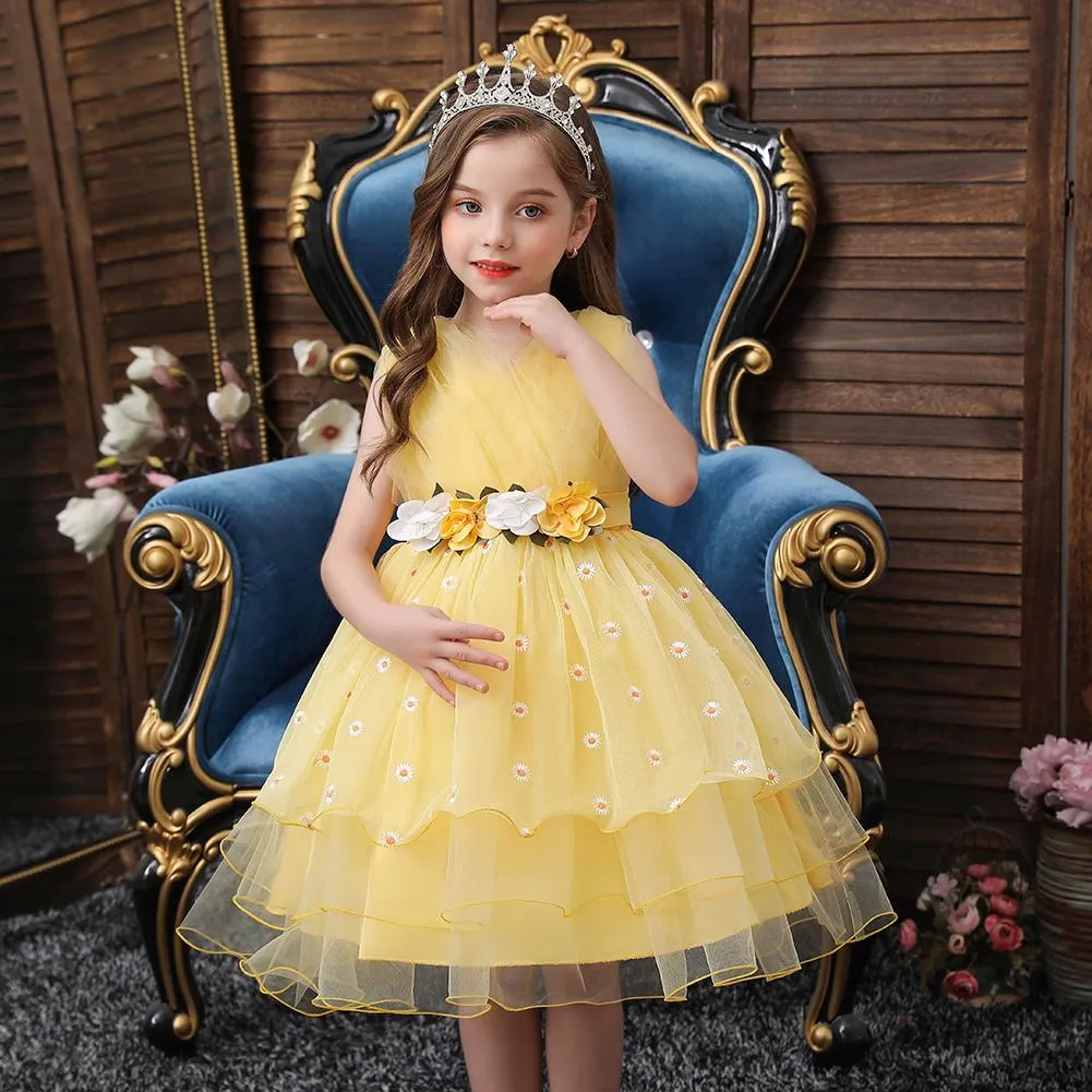 Barnbröllop Bankett Multilayer Fluffy Princess Dress For Kids 2-10 år gammal V-Neck Flower Girl Dress For Birthday Party