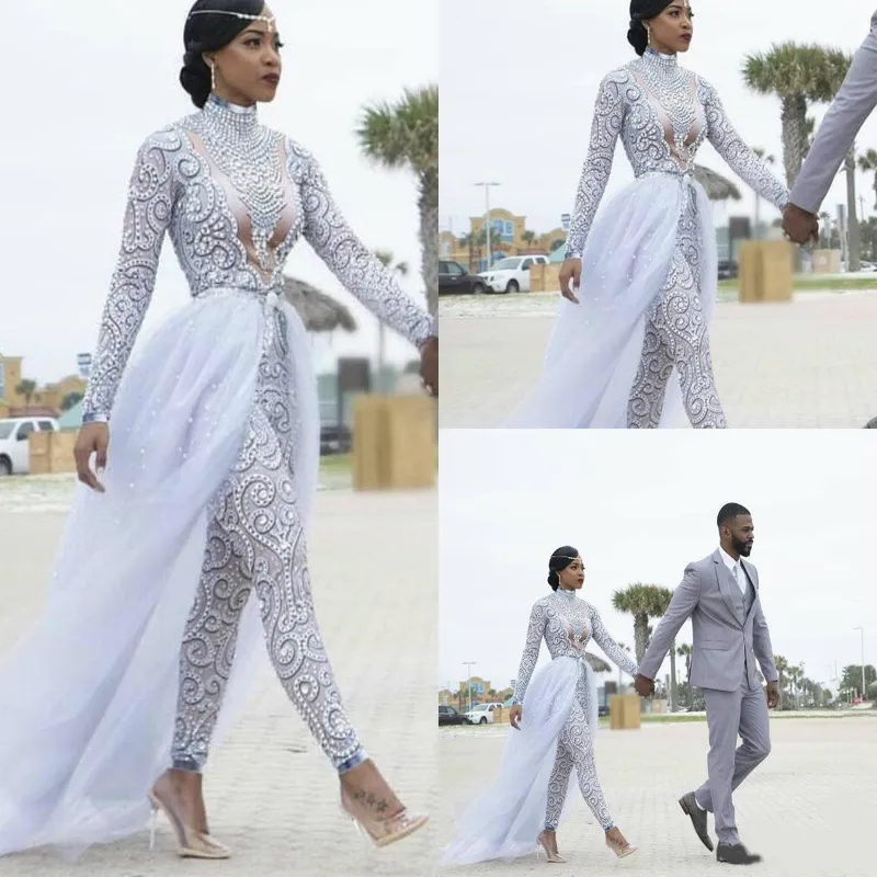 2024 Wedding Dress Gorgeous Jumpsuits With Detachable Train High Neck Beads Crystal Long Sleeves Modest Dresses African Bridal Gowns