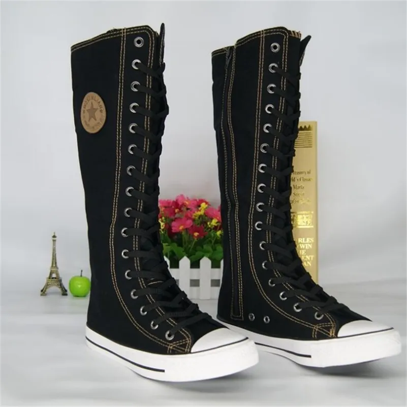 Kvinnor Hög topp Canvas Shoes Gothic Fashion Punk Style Women Long Boots Ladies Knee High With Side Zipper Canvas Shoes LJ201030