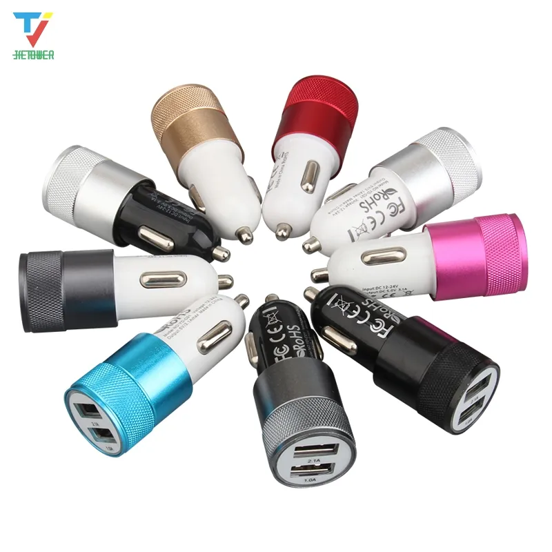 Round shape Cylindrical metal colorful Dual USB Car Charger Adapter 3.1A Auto Vehicle Metal Charger For Smart Phone/Tablet 30pcs/lot