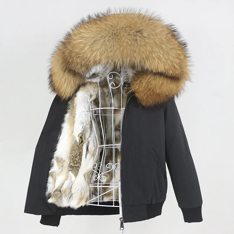 Oftbuy 2020 Vattentät Bomber Parka Vinterjacka Kvinnor Real Rabbit Fur Coat Natural Fox Raccoon Fur Collar Hood Avtagbar Ny LJ201201
