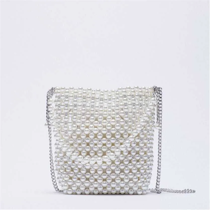ZA Pearl Beaded Bag White Fairy Portable Messenger s with Chain Female Purses and Handbags Cross Body Woman 220209