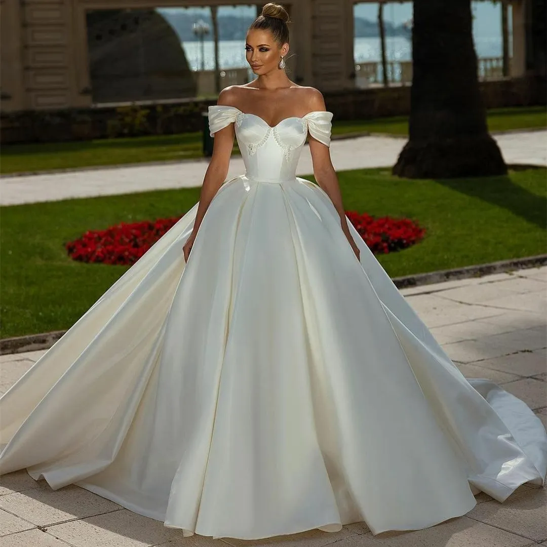 Prinsessan koreanska stil satin boll kappa bröllopsklänningar kristaller pärlstav av axel lång brudklänningar tillbaka lace-up enkel graden brud klänning vestidos de novia 2022