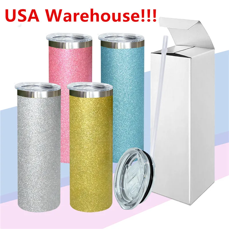 Local Warehouse! 20oz sublimering glitter tumblers pulver rakt tumbler rostfritt stål skinny trumpuum isolerad öl kaffe muggar med halm