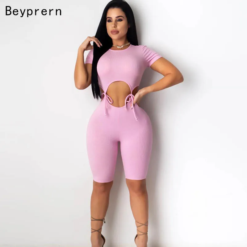 Beyprern Ensemble de survêtement côtelé pour femmes Deux pièces décontractées à manches courtes Attaché Bandage Jumpsuit Active Romper Pink Outfits T200704