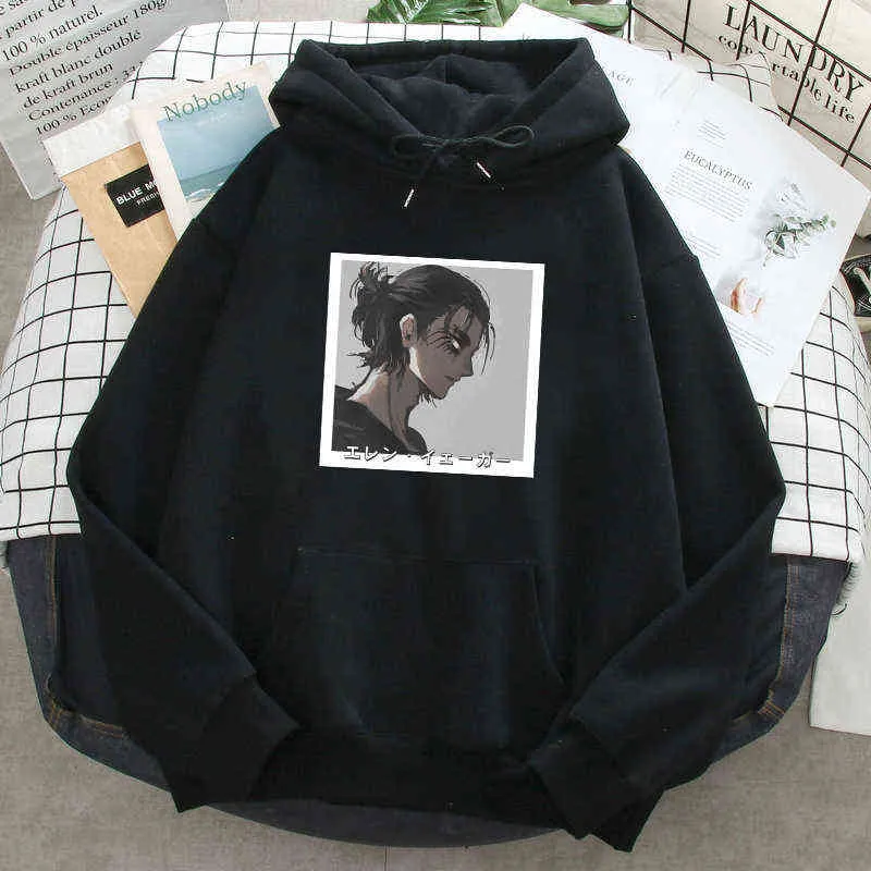 Man Hoodies Heren Kleding Aanval op Titan Anime Print Fleece Losse Casual Sweatshirts Homme Lange Mouwzakken Zwarte Hoodie H1227