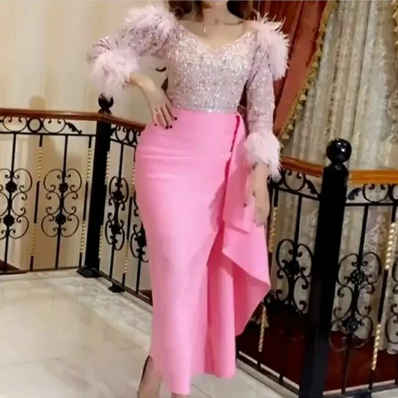 Elegant rosa mantel formella kvällsklänningar kort te längd 2021 toppar glitter bling sequined fjäder långärmad prom fest klänning cocktail