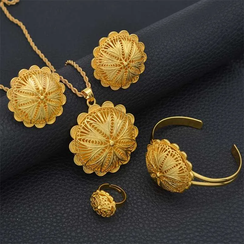 Anniyo Set di gioielli etiopi Collane con ciondolo Orecchini Anello Braccialetti per donna Colore oro Regali per la sposa africana eritrea #207506 220105