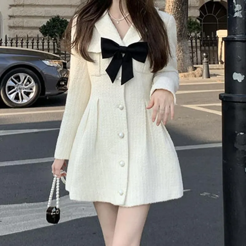 Casual klänningar hög kvalitet liten doft tweed mini klänning kvinnor långärmad bow slim party höst vinter koreanska söta kläder vestidos