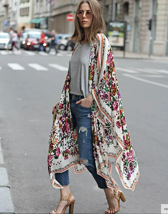 S-5XL Floral printed kimono blouses shirt women fashion long cardigans tops summer casual beach bohemian chiffon bikini swimwear cover ups