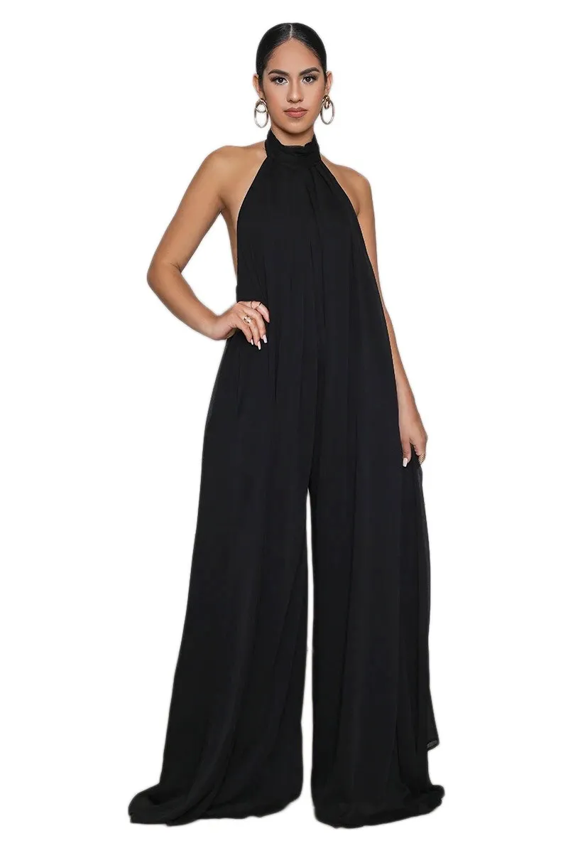 Kobiety Kombinezony Elegancki Luźny Przypadkowy Fit Szyfonowe Suknie Halter Neck Backless Pajaczki Szerokie Nogi Kombinezon