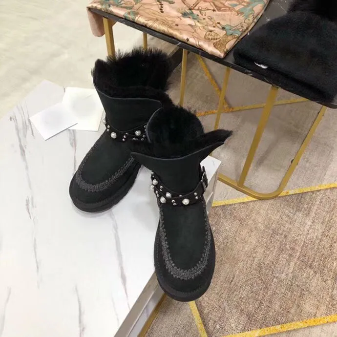 2021 winter new pearl snow boots women's sleeve leather strips thickened wool warm cotton shoes