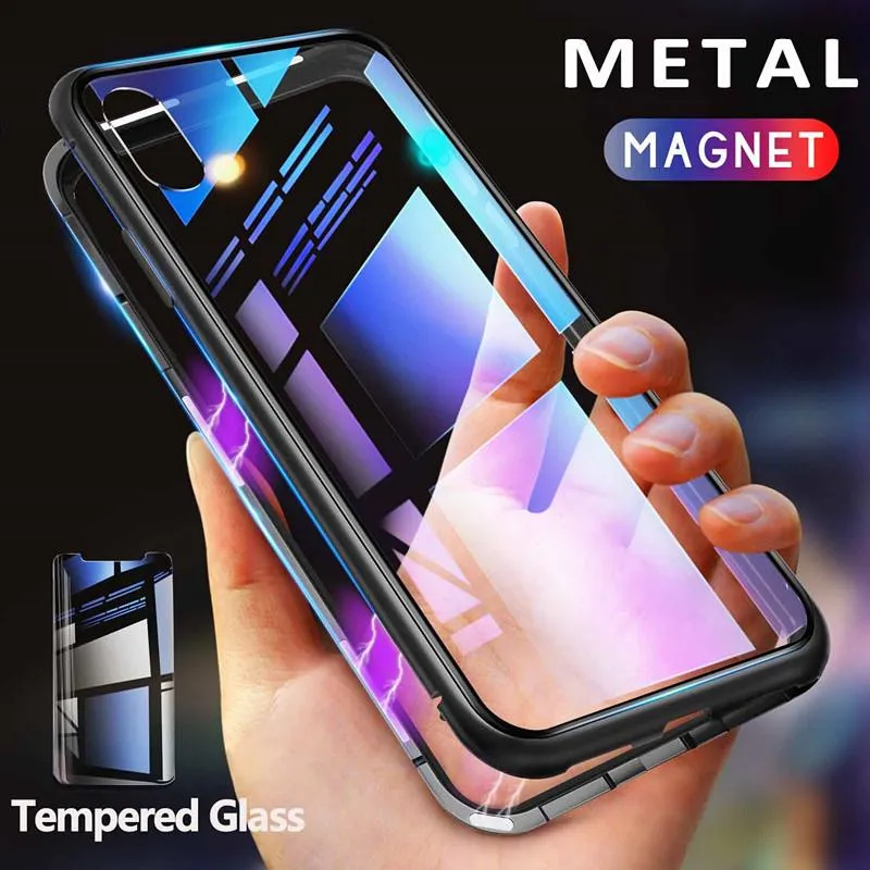 Магнитный чехол для iPhone Адсорбция 12 про максимум 11 XR XS Max X 8 7 6 6S Plus Металл закаленное стекло Назад Магнит