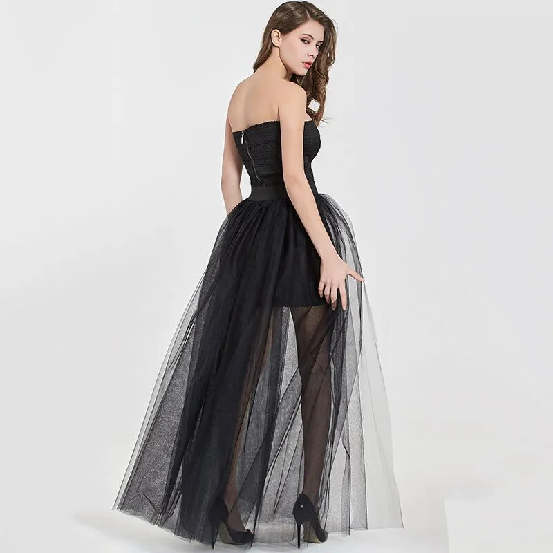 4Layers preto folha de sobreposição saia longa tutu tulle saia noiva overskirt chique chão comprimento saia longa destacável saias casamento