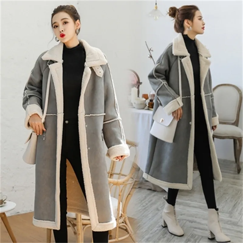 韓国ウィンターウーマンのファックスシープスキンスエードスエードコート厚いコート群がったウールの女性の長い革コートプラスサイズのアウター201020