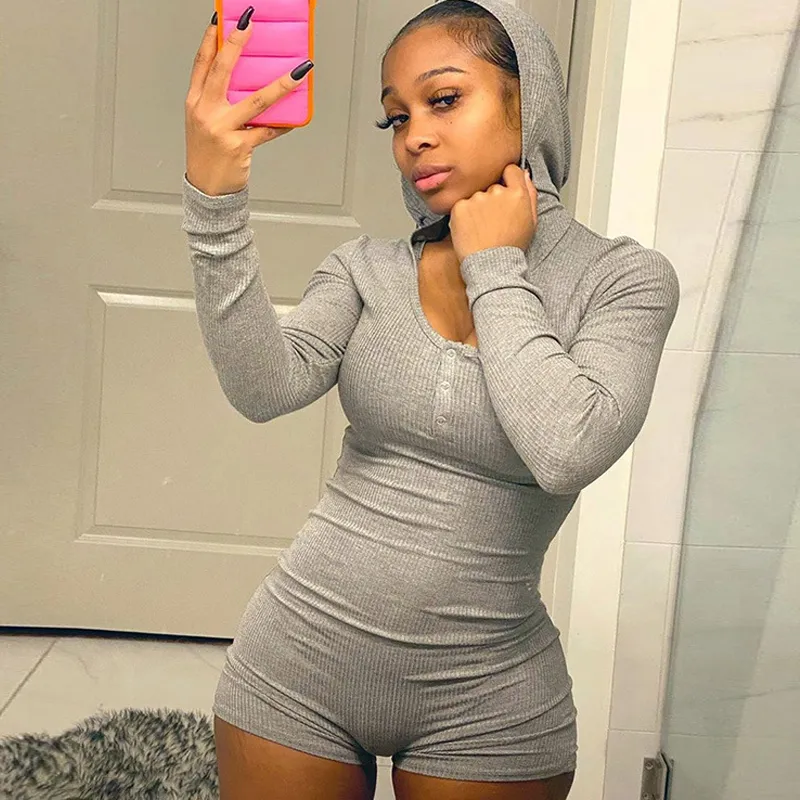 One Piece Hooded Rompers Streetwear Long Sleeved Ribbed Knit Grey Short Jumpsuit Women Bodysuit Outdoor Wear Sweater Playsuits T200704