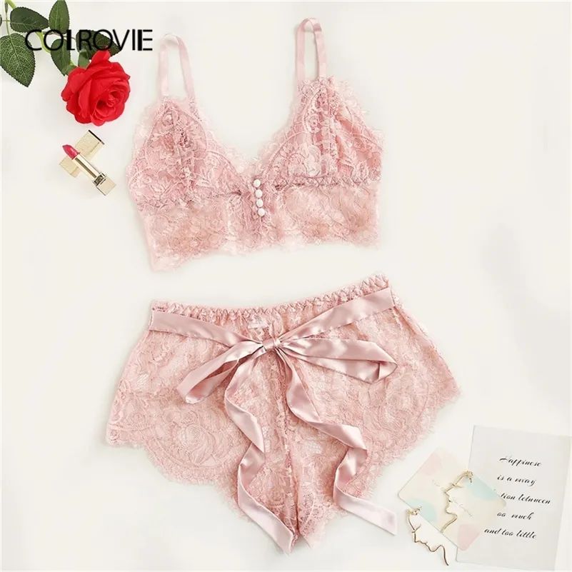 Colrovie pembe taraklı çiçek dantel lingerie set kadınlar pijama seti bordo bralettes ve külot pijama seksi gecelik Y200708