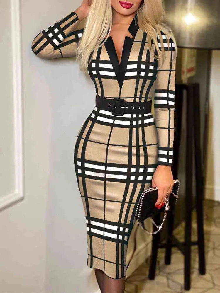 Fashion-Romwe Y2K Print Long Sleeve Tie Detail Work Elegant With Belt Bodycon Midi Vestidos De Casual Feminine The Dress