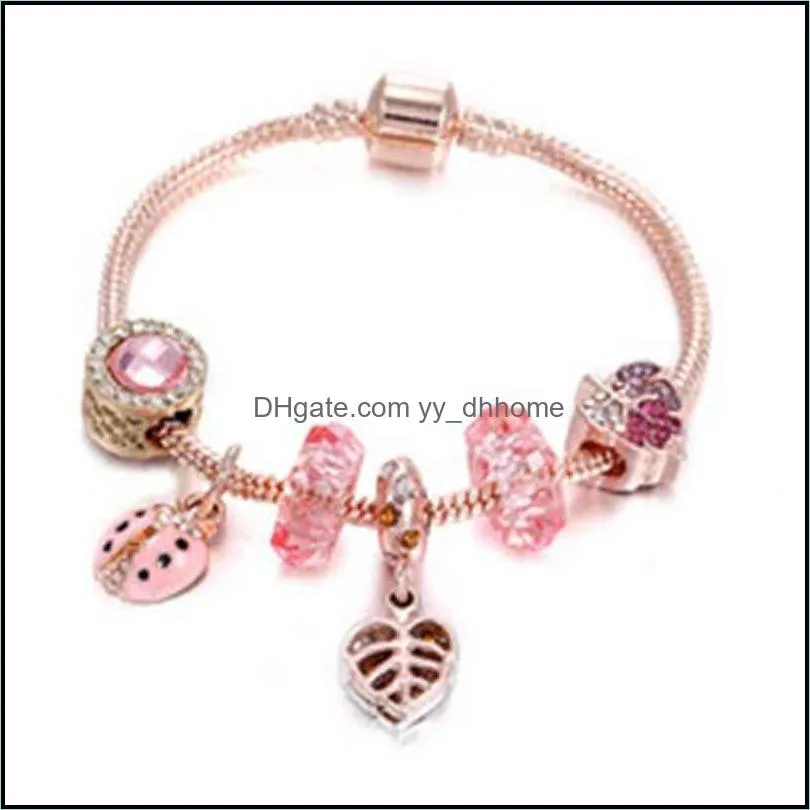 Bt Selling Bling CZ Cubic Zirconia Flower Leav Charms Exquisite Rose Gold Rhintone Heart Charm Bracelet