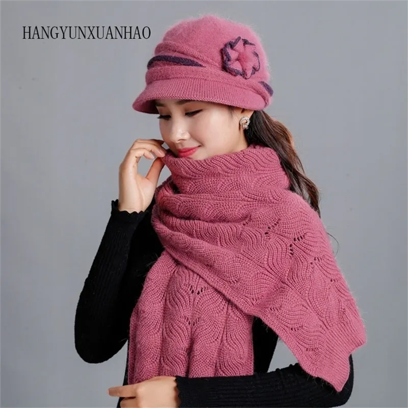 HANGYUNXUANHAO Lana Piel de conejo Sombrero de punto Fedora Wide Brim Vintage Moda Mujer Sombreros Invierno Cuello Calentador Cap con bufanda Y201024