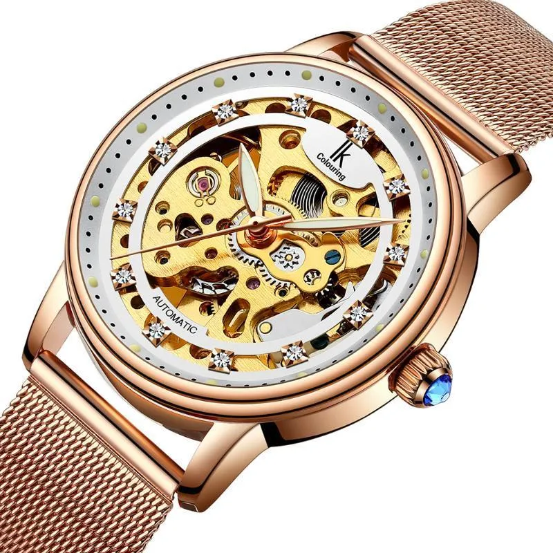 Relógios de pulso Luxo Feminino Cristal Skeleton Luminous Auto Mecânica relógio de pulso com caixa de presente1