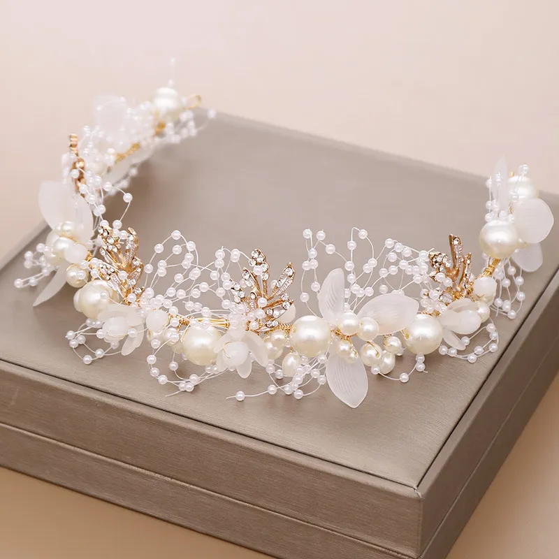 Altın Çiçek İnci Bandı Tiara Taç Düğün Gelin Prenses Bantlar Saç Takı Kristal Aksesuarları Gelin Headdress Başlığı AL7856