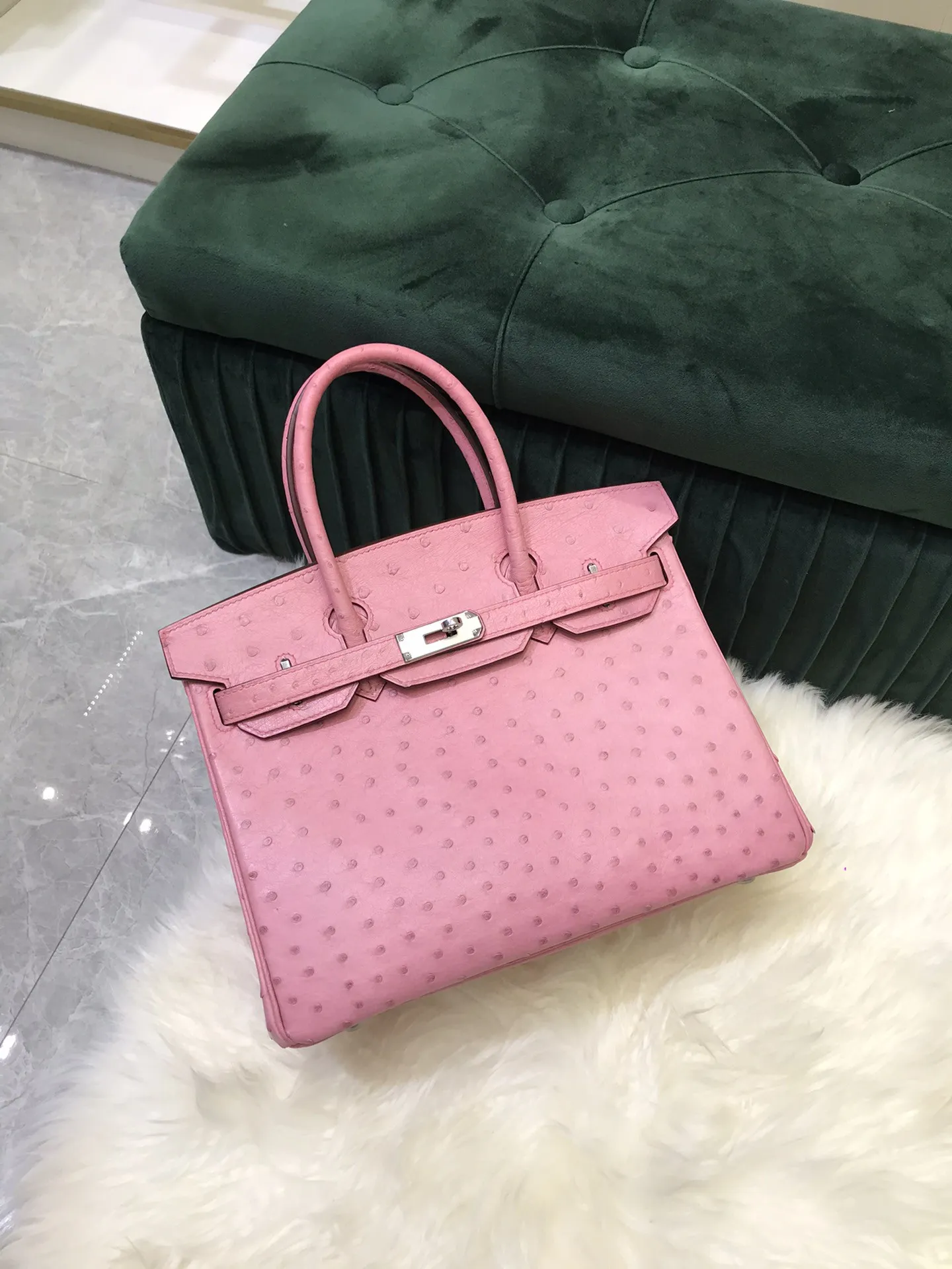 Pink Ostrich Handbag Luxury Purse 25cm Imported Leather Fully