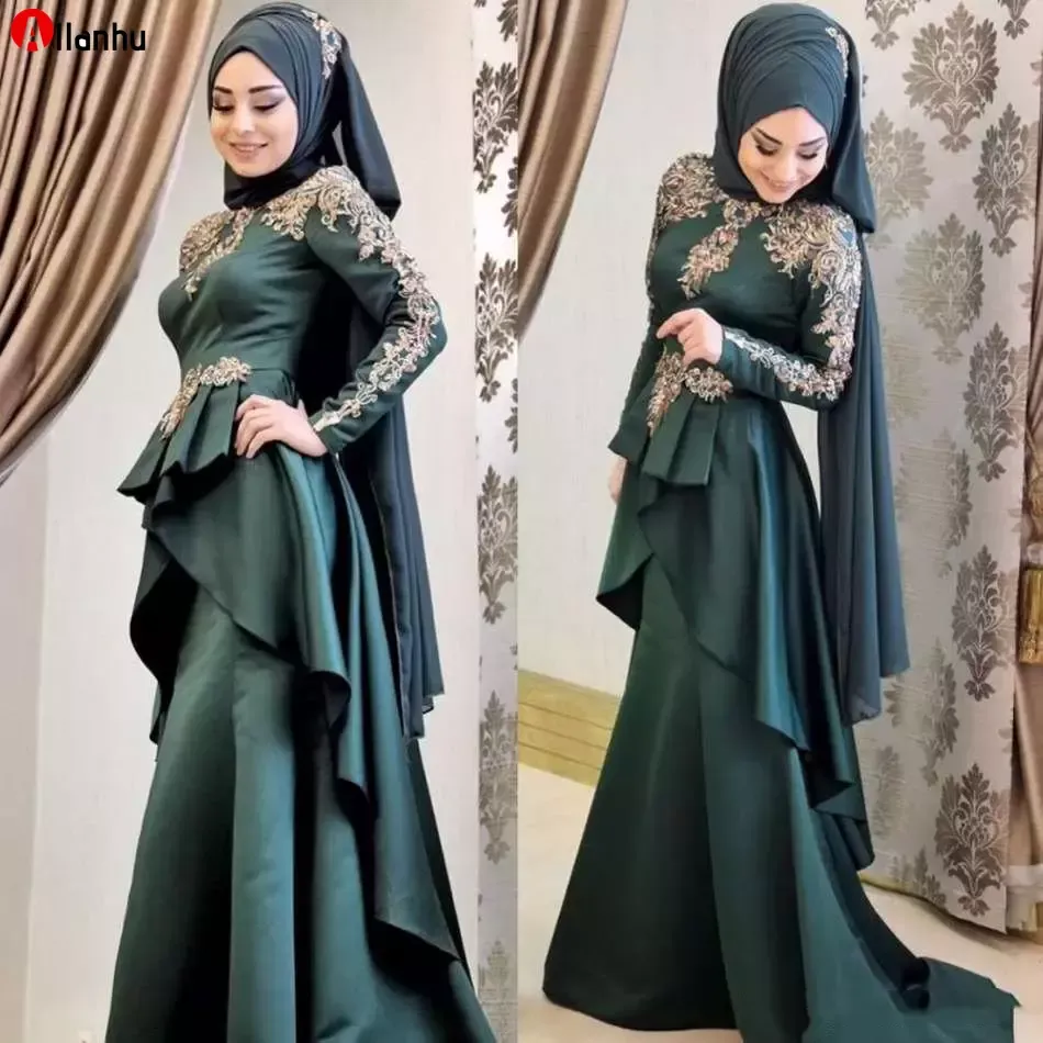 NIEUWE! Bescheiden Arabische Moslim Formele Avondjurken Mermaid High Neck Lange Mouw Prom Party Jurken Appliques Golden Kant Peplum Islamitische Speciale Gelegenheid Jurk