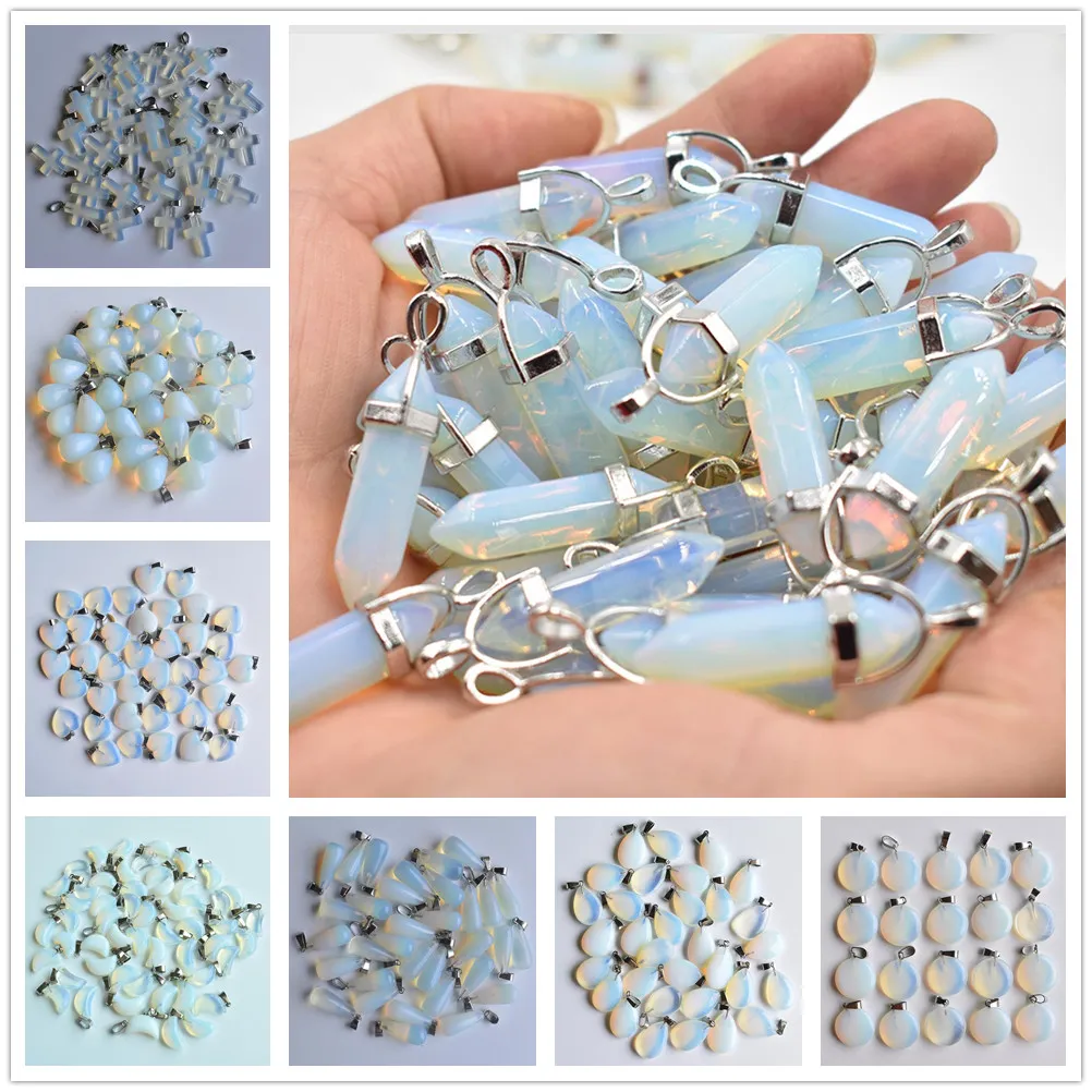 Pierre naturelle prisme hexagonal goutte d'eau coeur opale pendentifs de guérison breloques collier à faire soi-même fabrication d'accessoires de bijoux