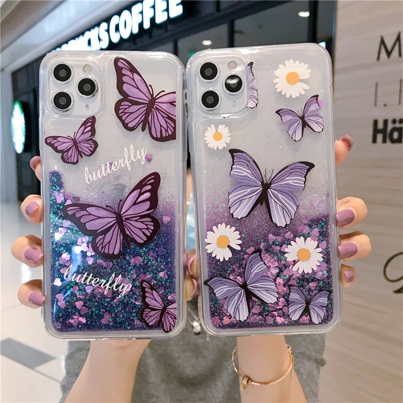 Étincelle pailletée flux sables mouvants papillon étui pour iphone 13 14 plus pro max couverture clair transparent tpu cristal bling téléphone étui