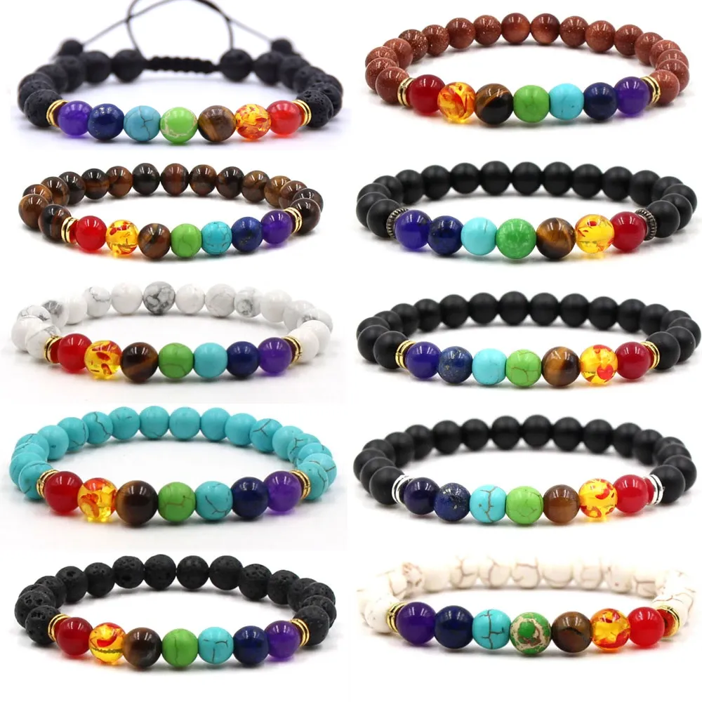 7 Chakra Black Lava Frosted Strands Braceletes 8mm Rock Bead Elastic Natural Stones Pedras Gemas Difusor de Óleo Yoga StrandsBraCeletes para Homens Mulheres Meninas Jóias