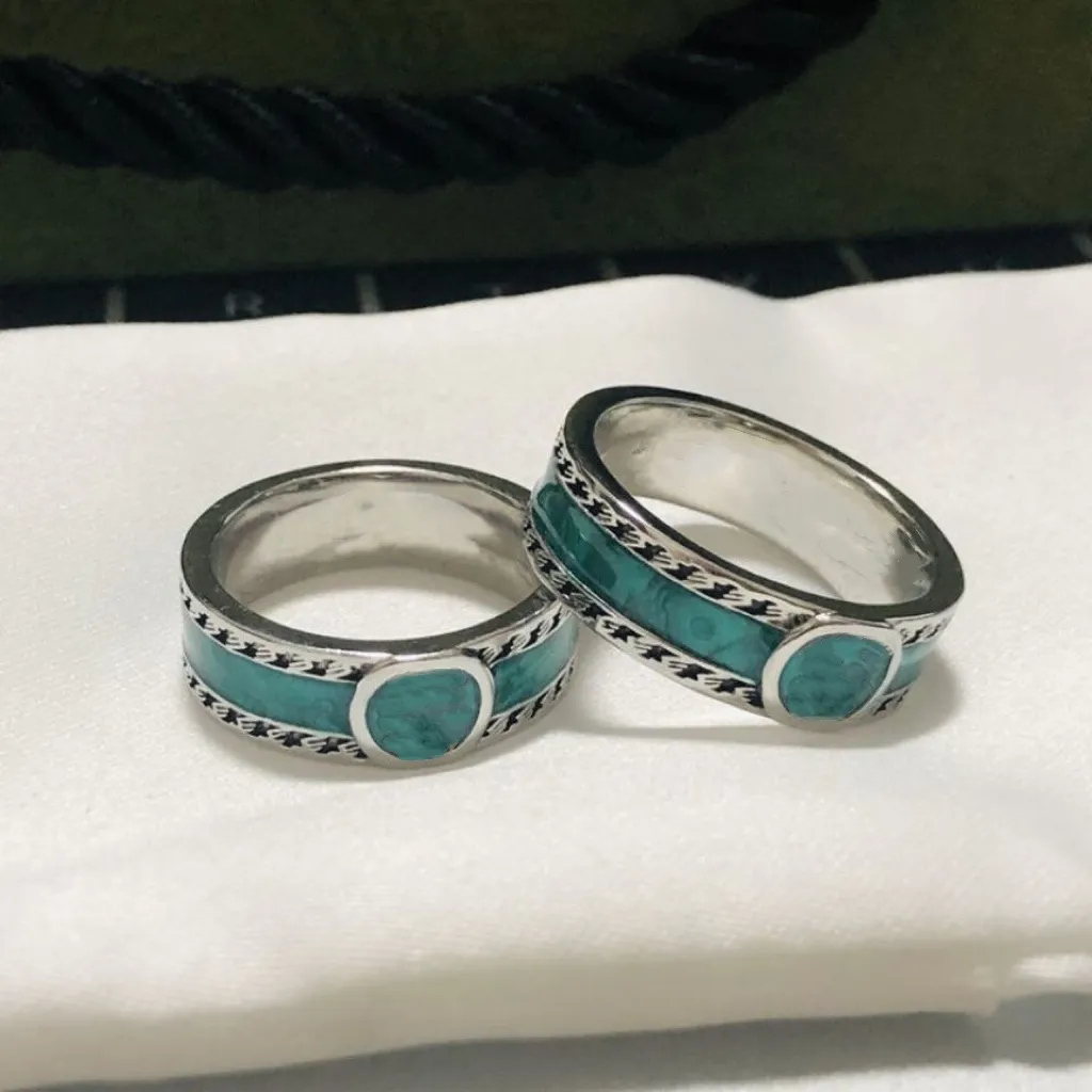 Designer de moda verde gemstone esmalte anel feminino esterlina prata dupla g interligada retro anéis afligidos anéis simples casal de luxo anel com caixa