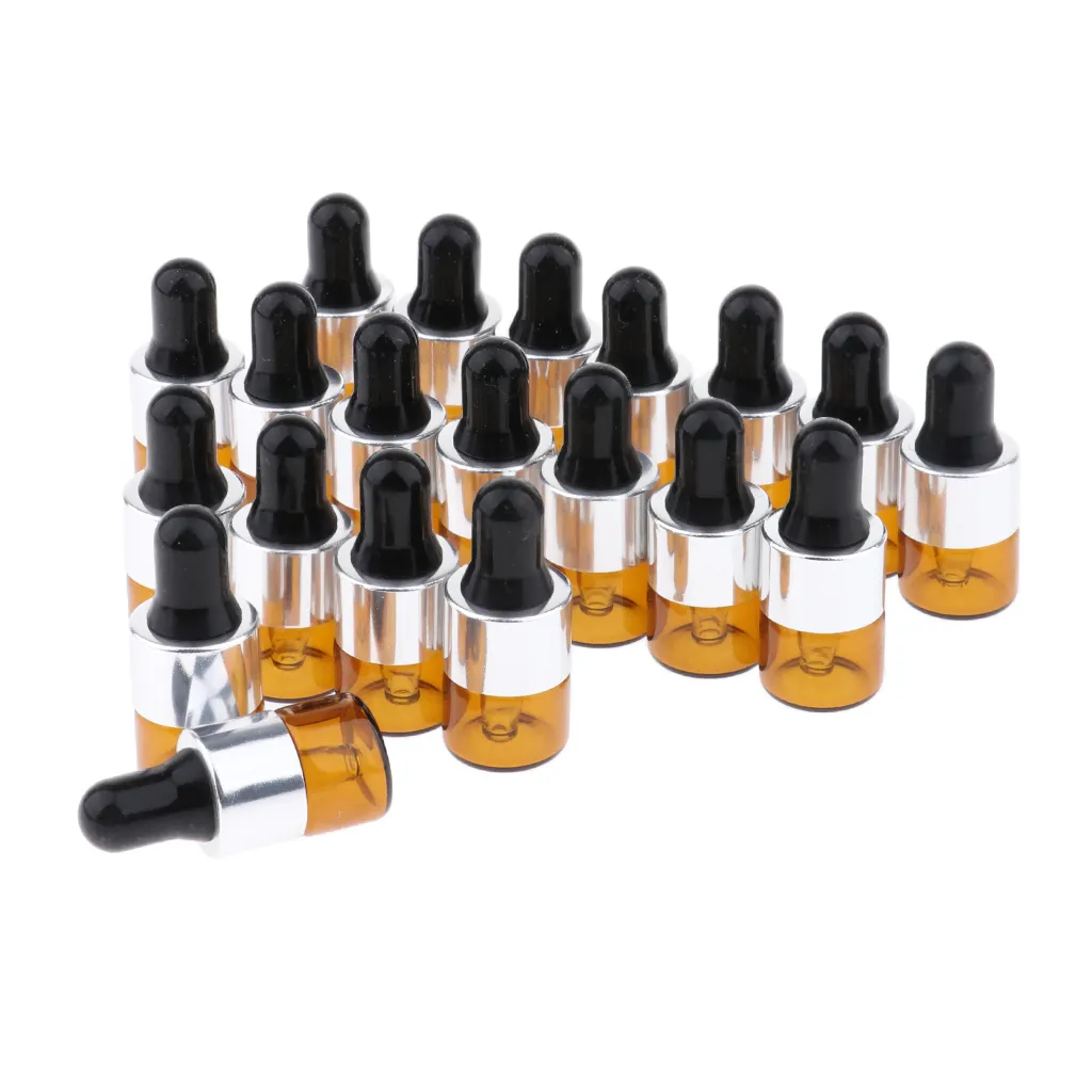 20 Pack Refill Empty Mini Amber Glass  Oils Dropper Bottles Jars, 1ml, for Cosmetic Perfume Sample Liquid Makeup