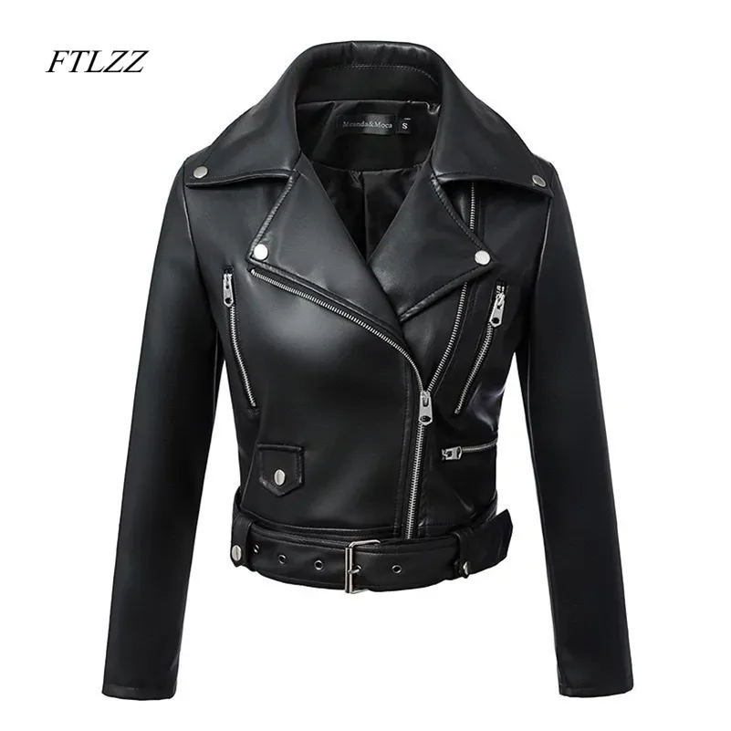 Ftlzz 2020 новых женщин черный искусственные кожаные куртки осень зима молния основное пальто с Blet Biker PU кожаная куртка LJ201012