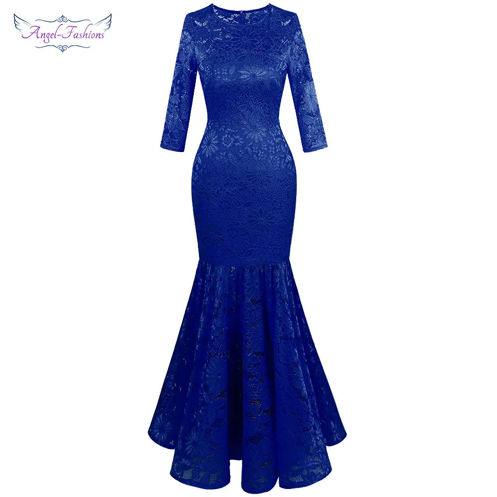 Angel-Fashions Women's Floral Lace 3/4 Ärmar Illusion Prom Party Maxi Mermaid Elegant Aftonklänning Royal Blue 416 LJ201123