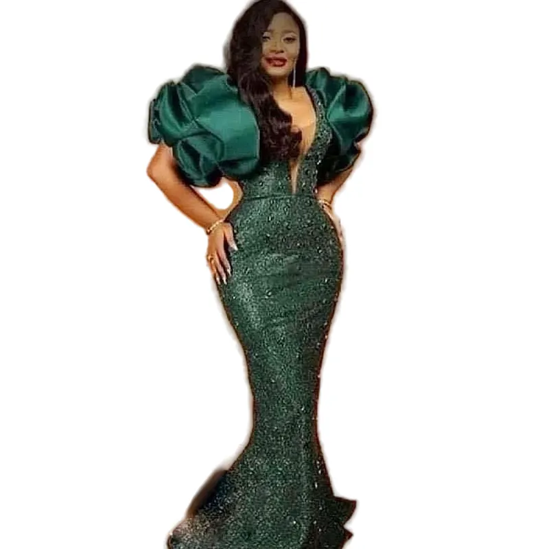 Aso Ebi Dark Green Prom Dresses With Puff Sleeves Beads Sequined Mermaid Evening Gowns Plus Size Special Occasion Party Dress For 272t