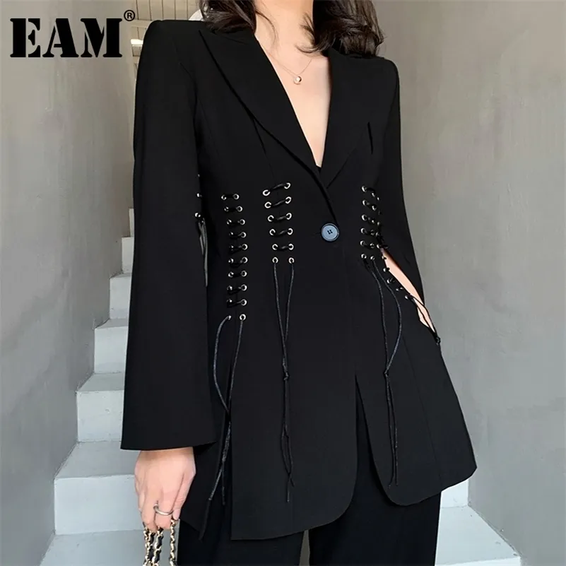 [EAM] Kadınlar Siyah Bandaj Havalandırma Dikiş Blazer Yaka Uzun Kollu Gevşek Fit Ceket Moda İlkbahar Sonbahar 2022 1dB308 220216