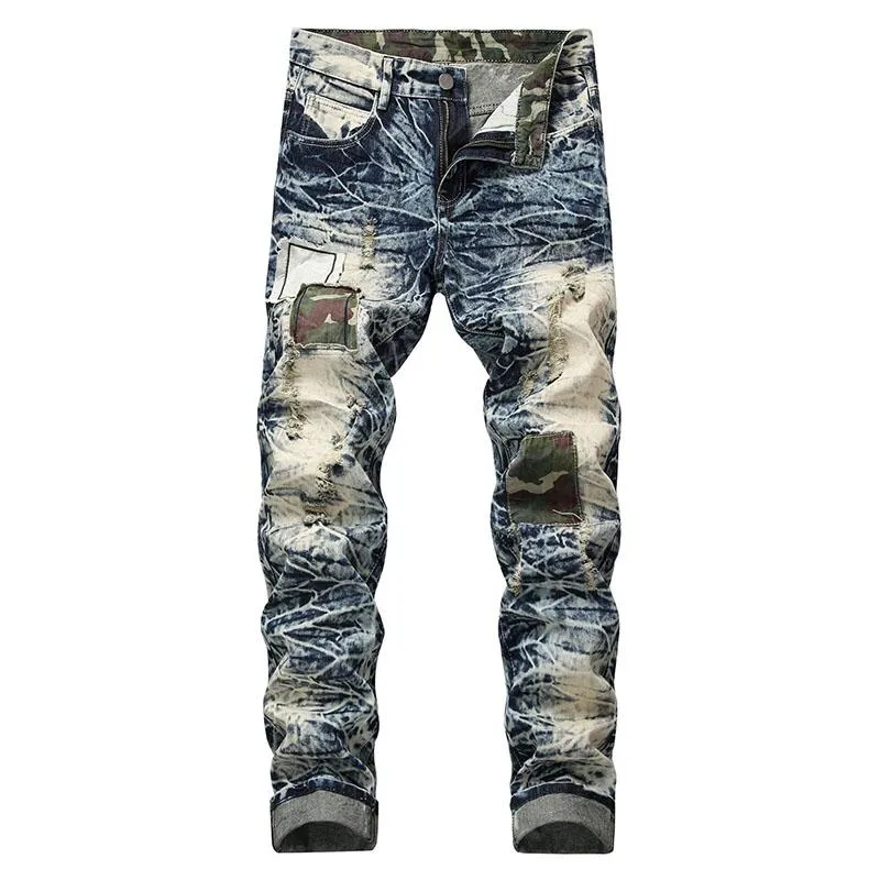 Męskie dżinsy męskie Patchwork Połączony rozrywany samiec prosty plaster żebrak Vaqueros Hombre Denim Pants Pantalon Spodnie 28-42