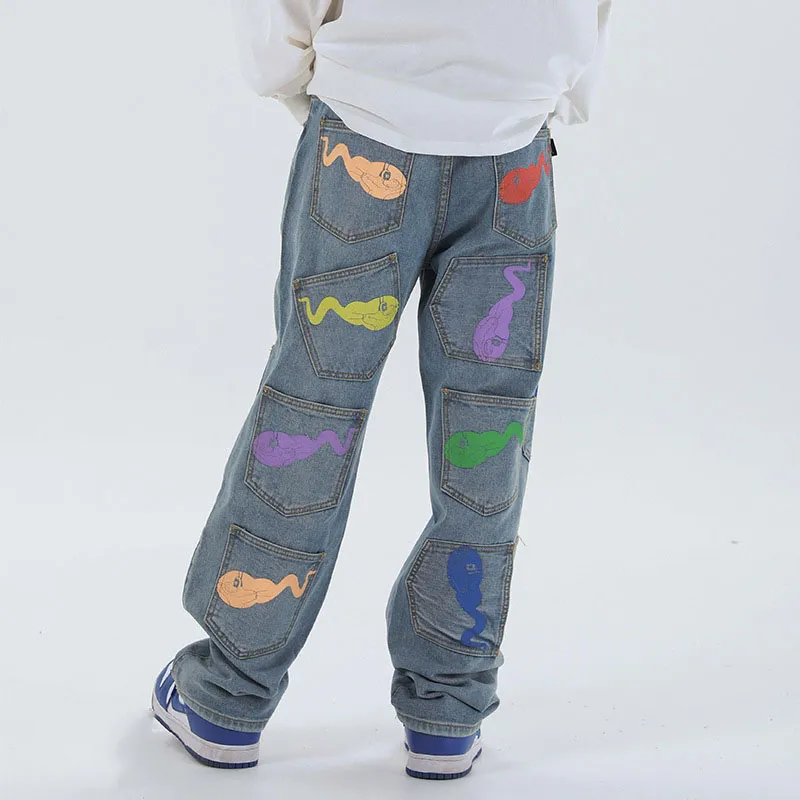 IEFB Herrenbekleidung Hip Hop schwarze Jeans Neue Mode Herren Kaulquappe bedruckte lässige Denim-Hosen mit mehreren Taschen High Street 9Y323099
