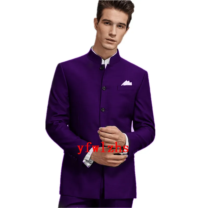 Custom-made Single breasted Groomsmen Mandarin Lapel Groom Tuxedos Men Suits Wedding/Prom/Dinner Best Man Blazer(Jacket+Pants+Tie) T245