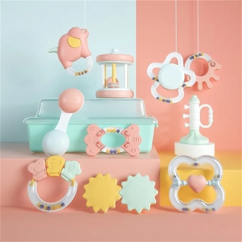 Beiens 6-10pcs / Set Hold Jingle Shaking Hand Shake Bell Ring Baby Set Montessori Toys Teether Hochets 201224