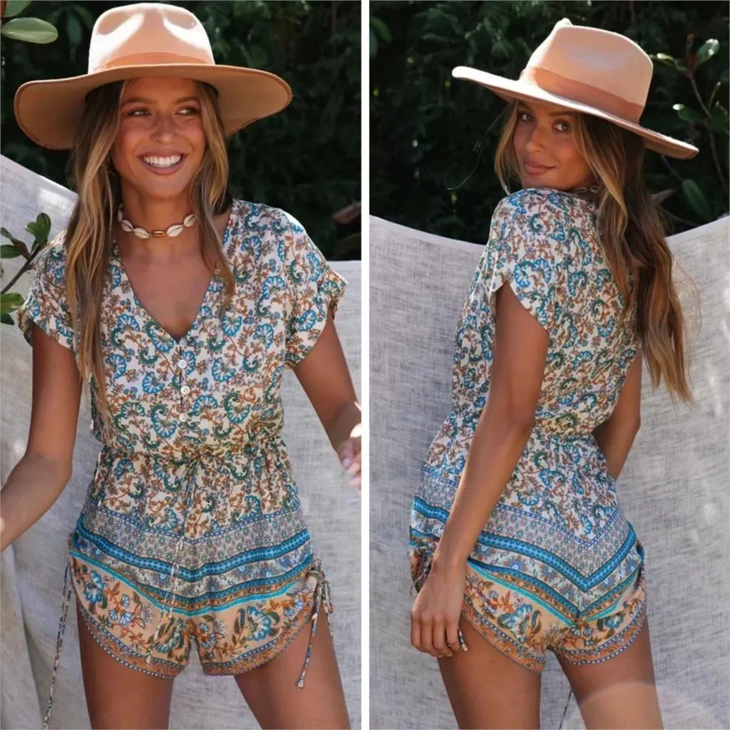 Jastie Hippie Floral Printed Women Playsuits Beach Casual Rompers 2020 Summer Boho Playsuit V Neck Short Sleeve Vintage Jumpsuit T200704