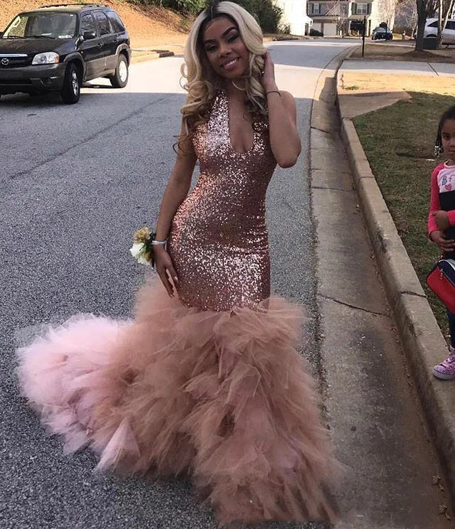 Rose Gold Sequined Mermaid Sparkly Mermaid Prom Dress For African Black Girls Deep V Neck Perfect For Formal Events Pageants Graduations And Evening Parties Plus Size Available From Sexybride 113.98 D...