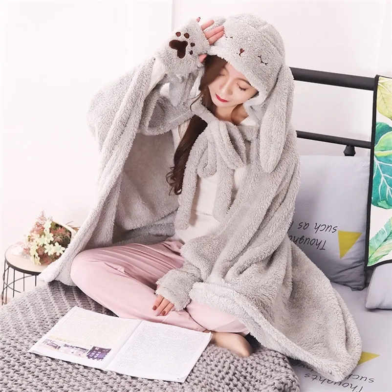 Kawaii Long Ear Hooded Weighted Blanket Winter Warm Rabbit Pattern Pure Color Cape avec Gants Femmes Home Office Accessoires 201222