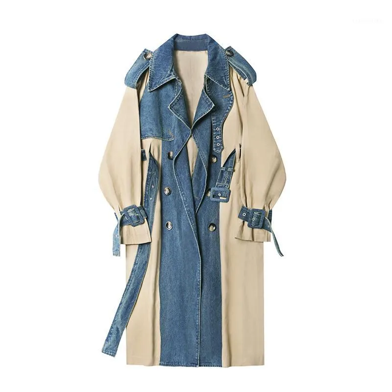 2020 Vår New Fashion Long Denim Splice Trench Coat Women Double Breasted High Quality Windbreaker Women Slim Outerwear E00071