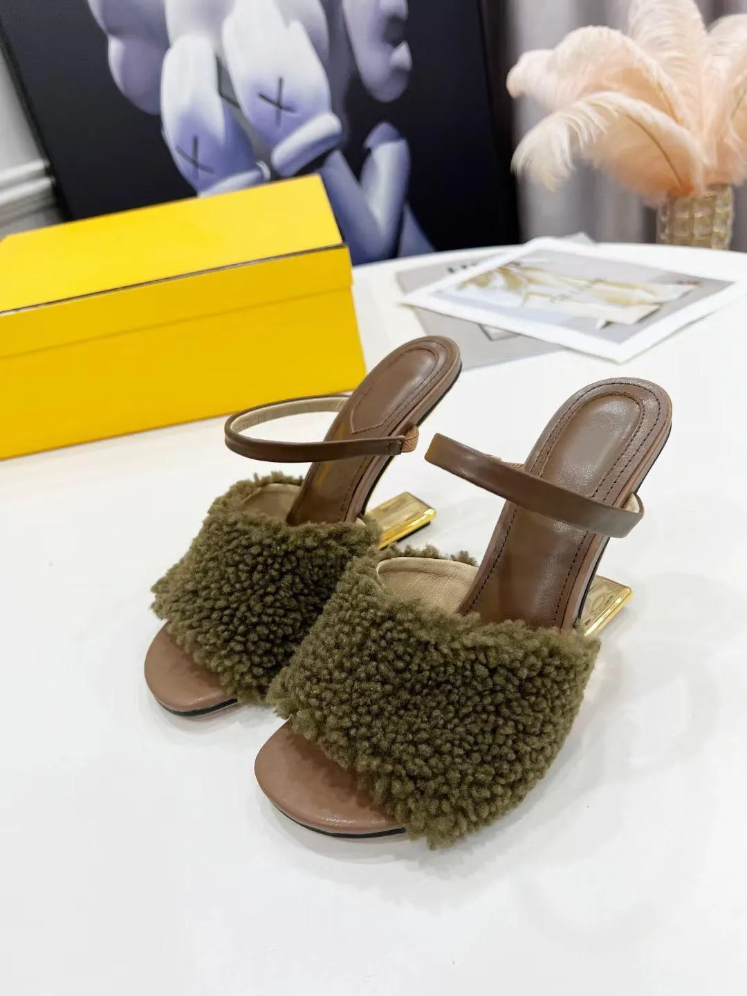 2022 designer Suede womens Half slippers cowhide 100% leather fashion Thin heels Slides woman shoe beach Lazy Sandals sexy Metal heel High heeled shoes Large size 35-42