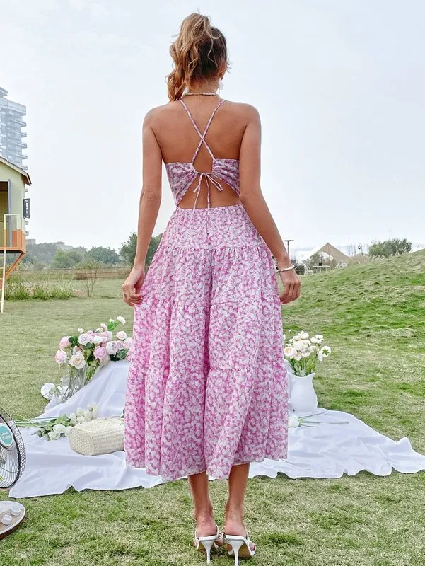 criss cross tie back floral embroidery mesh cami dress Pink Floral Ruched Mesh Cami Dress