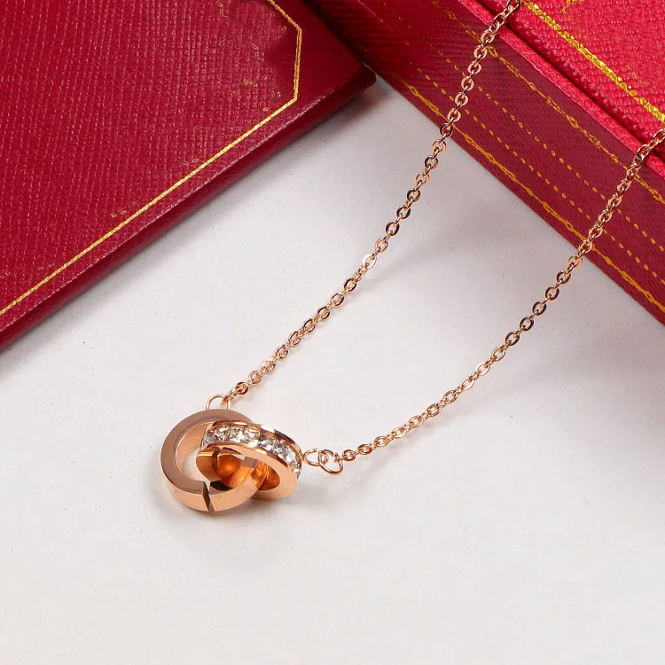 2021 Dual Circle Pendant Rose Gold Silver Color Necklace with stone for Women Vintage Collar Costume Jewelry with original box set2544