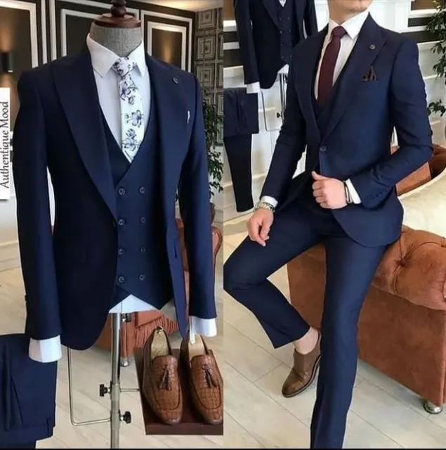 2021 Business Navy Blue Men Suits With Pants 3 Piece Groom Suit Smoking Tuxedo Jacket Wedding Suits For Men Best Man Blazer