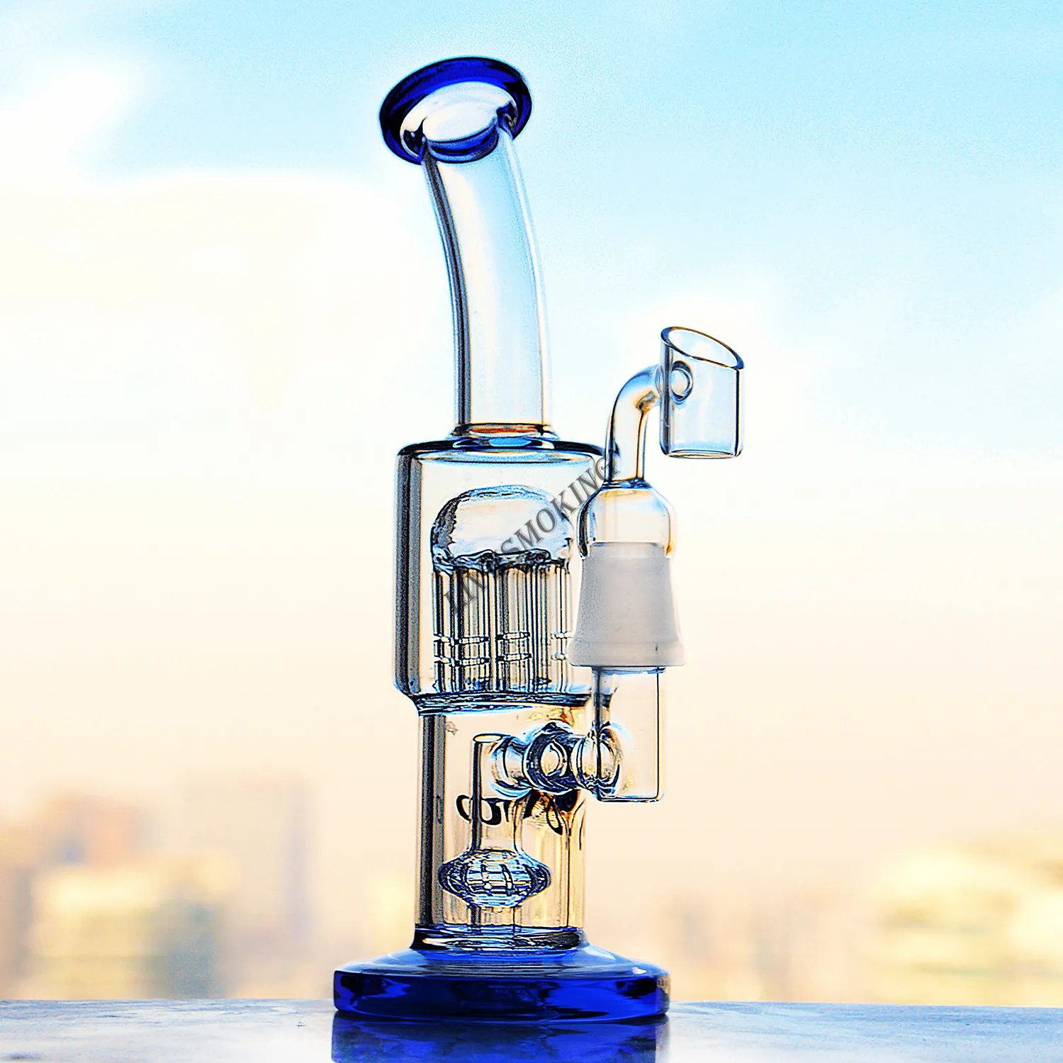 blue thick base recycler hookahs oil rigs arm tree perc glass bongs bent neck water pipe water bong with 14mm banger 21cm tall